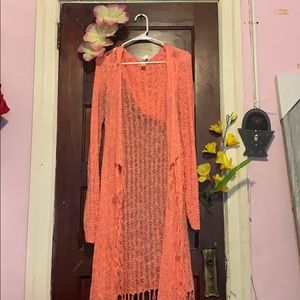 Pink fringe hooded kimono